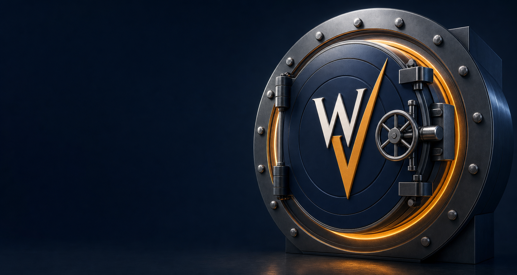 A navy vault door with the ascending WV monogram in white and amber at its center
